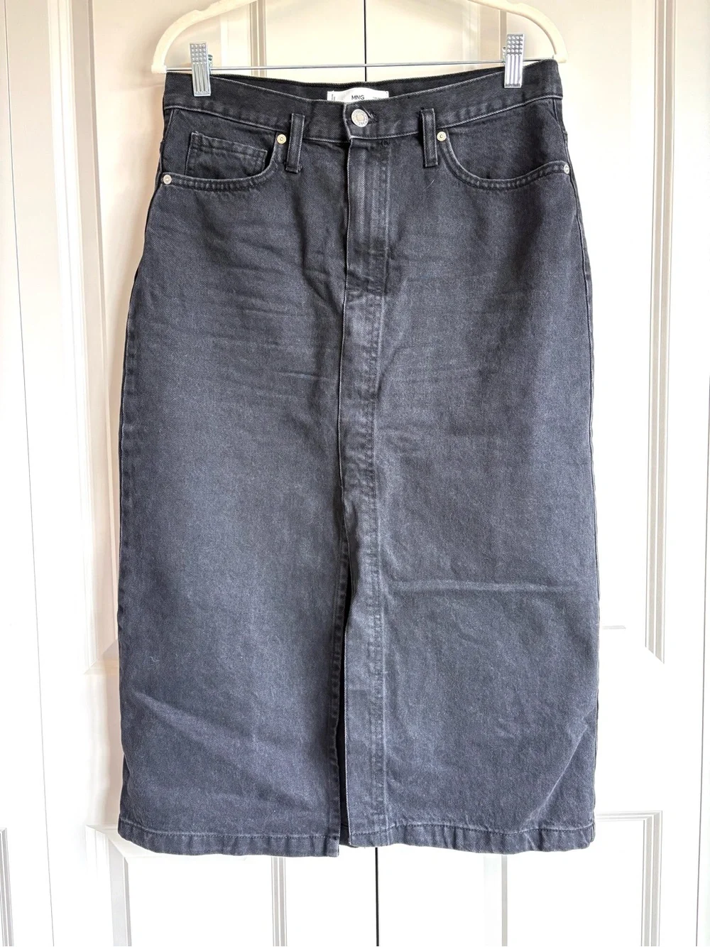 MNG Mango Black Denim Midi Skirt Front Slit Collegiate Academia Size Medium